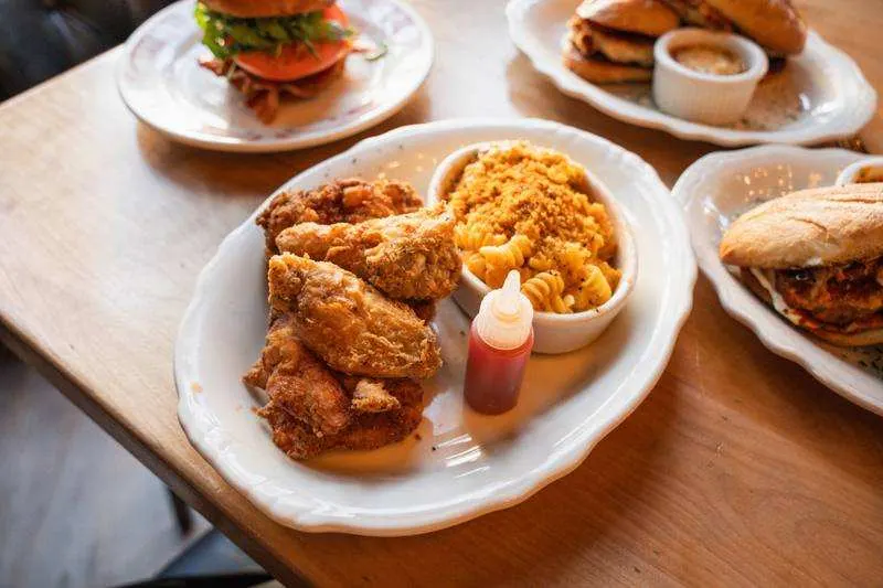 Fried chicken spread photographed for a restaurant menu